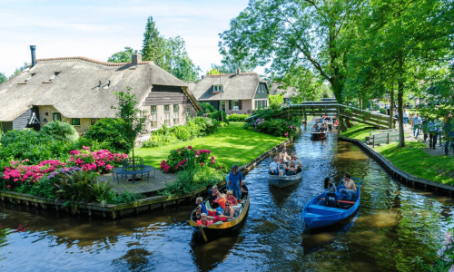 Boats on the canals in Giethoorn Netherlands village